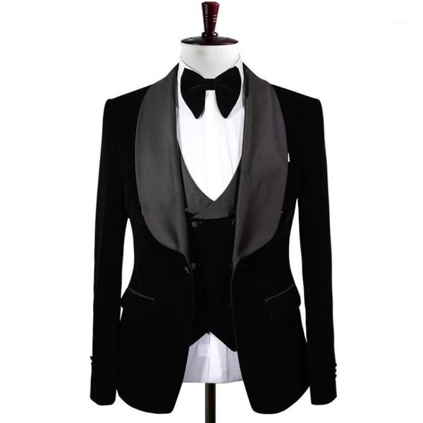

black velvet one button men suits 3 pieces groom tuxedos suit men shawl lapel costume homme groomsmen ( jacket+pants+vest)1, White;black