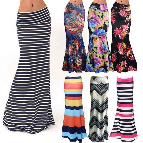 

womens fashion plus size floor-length maxi skirt with stretch floral bodycon beach skirt striped casual long jupe falda, Black