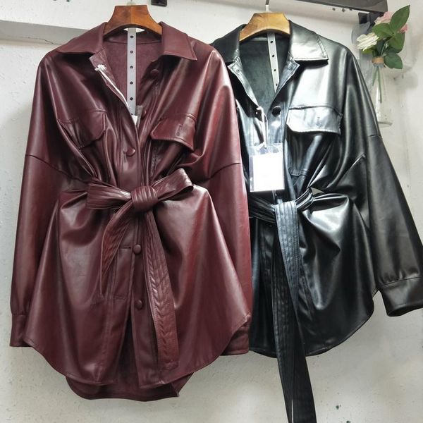 

women's leather & faux coat medium long pu shirts 2021 spring autumn single breasted belt waist motorcycle jacket, Black