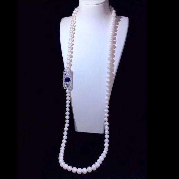 

chains natural pearl 33'' 1 strand white cz connector necklace, Silver