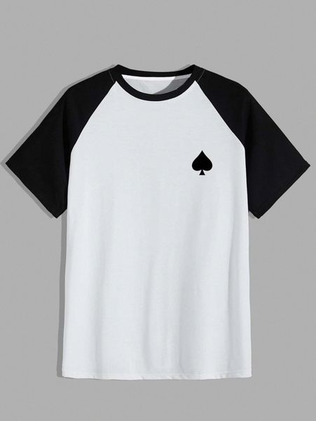 

men playing card print contrast raglan sleeve tee z79s#, White;black