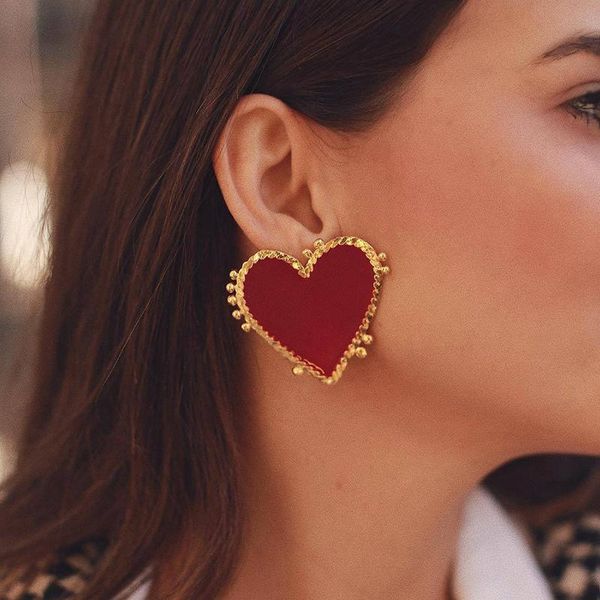 

minimalist enamel red heart earrings for women girl simple gold color metal love heart big drop dangle earrings party jewelry, Silver