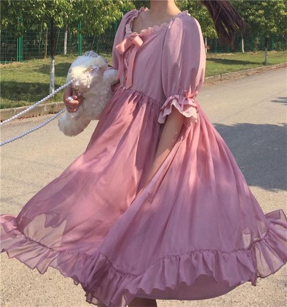 

japanese sweet kawaii lolita pink black dresses 2021 summer preppy style women a-line puff sleeve bow women clothes party dress, Black;gray