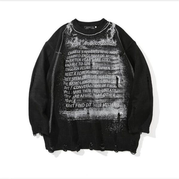 

men's sweaters fashion men/youth o-neck letter printing broken hole long sleeve pullovers harajuku vintage hip hop casual loose thick s, White;black