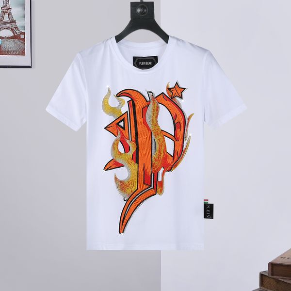 

plein bear t-shirt round neck ss stones flame men's t-shirts rhinestone skulls mens tshirts classical tees pb 16579, White;black