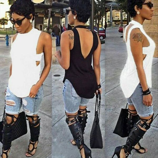 

2020 женская летняя backless tank top plain жилет мода дамы женский сексуальный симпатичные hollow стильный solid blackcasual tank top, White