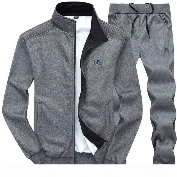

autumn men sets casual solid stand collar sweatsuits men's sportswear jackets+pants 2pcs sets solid zipper loose outerwear male, Gray