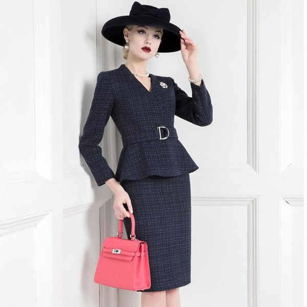 

two piece dress women long sleeve tweed blazer suit jacket coat and skirt sets office lady autumn winter formal work wear1, White