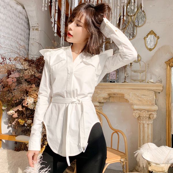 

2021 new spring white autumn long female shirt with v-neckline dressed as office gown jlnc
