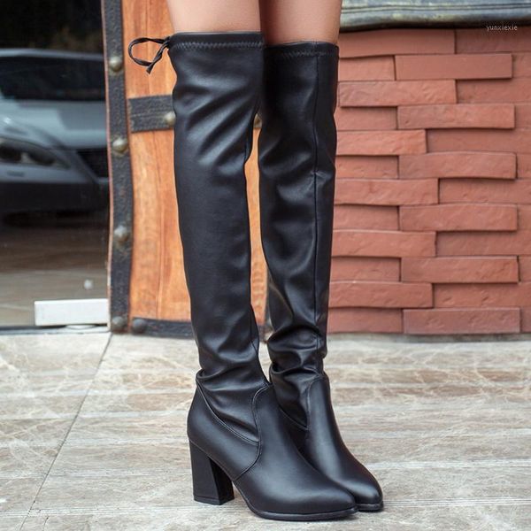 

over knee back leather boot women winter knot pointed toe flock upper high heels boots european ladies stretch knitting shoes1, Black
