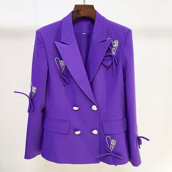 Новый стиль высочайшего качества пиджаки оригинальный дизайн женские двубортные тонкие куртки в форме сердца алмазная кнопка фиолетовый пиджак лук-узла украшения горный хрусталь