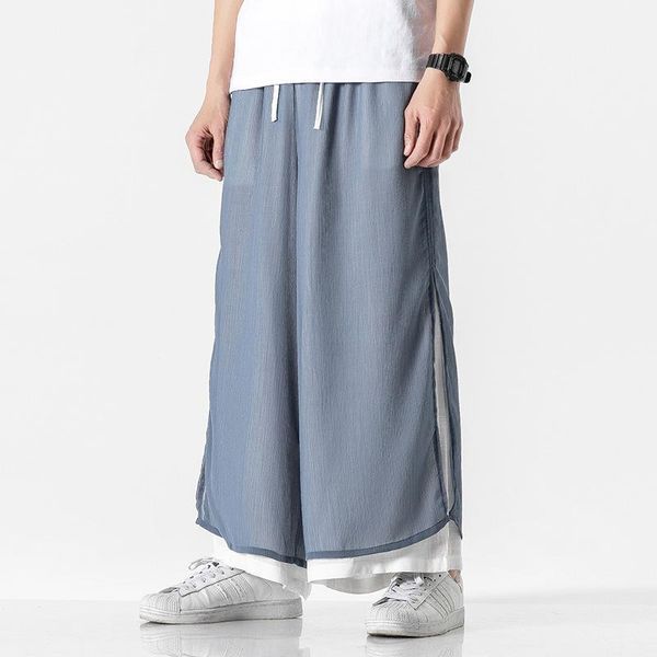 

#2554 spring summer kimono pants men loose false two piece casual joggers men vintage cotton linen vintage wide leg pants thin1, Black
