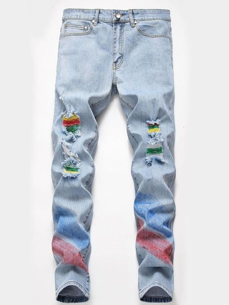 

2021 new design blue floral jeans popular hand painted stretch pants men's summer tpi3