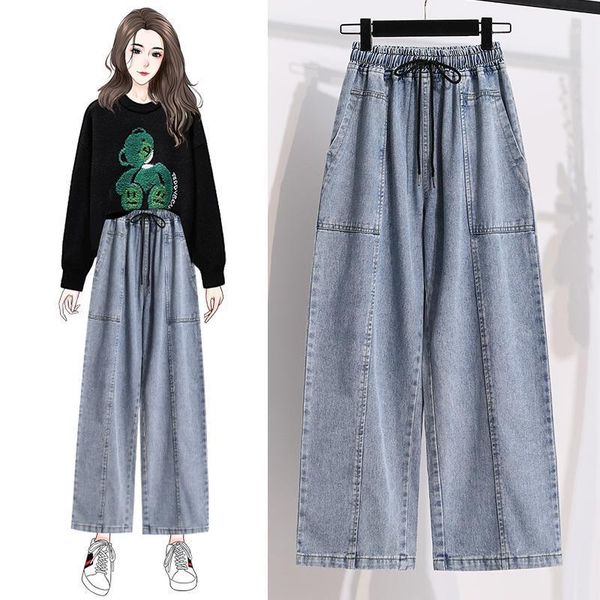

denim wide-legged pants elastic waist female high waist woman plus large size boyfriend jeans for women's clothing 2020 d02671, Blue