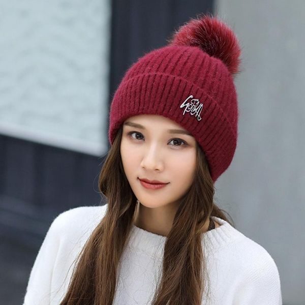 

winter women fur pom pom hats wool knitted warm beanie hat lady fashion sold color ski caps, Blue;gray