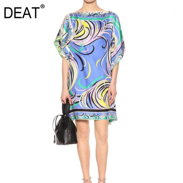 

deat] 2020 bohemia knit high end short sleeve slash neck silk elastic print knee length dress women new summer fashion am1041, Black;gray