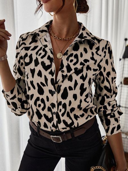 

leopard print button up blouse 29ql#, White