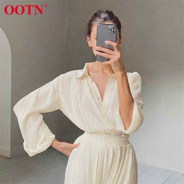 

ootn pleated office work ladies blouses shirts long sleeve spring summer female khaki elegant loose women blouse y200622, White