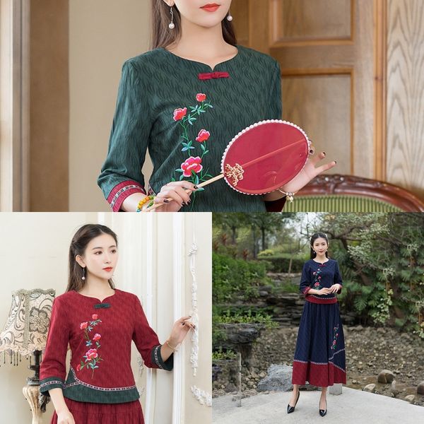 

b7can 2020 spring 4 opfine new foreign embroidery cotton hemp jacquard 7 and sleeve crew neck wo pieces of coatautumn style skirt, Gray