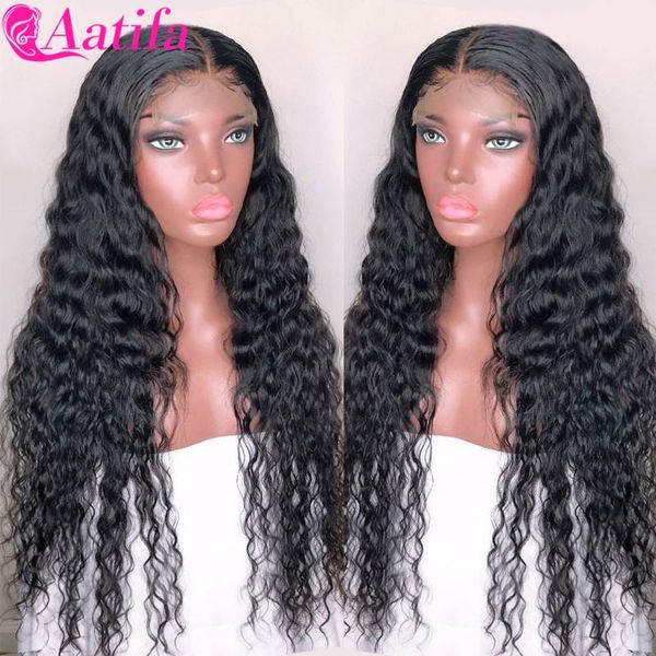 

aatifa malaysian water wave wig 4x4 lace closure wig 100% human hair lace wigs for black women 13x1 t part transparent, Black;brown