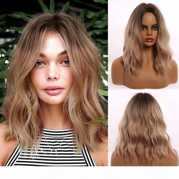 

medium length wavy ombre brown synthetic wigs middle part for afro women cosplay natural hair wigs heat resistant fiber, Black