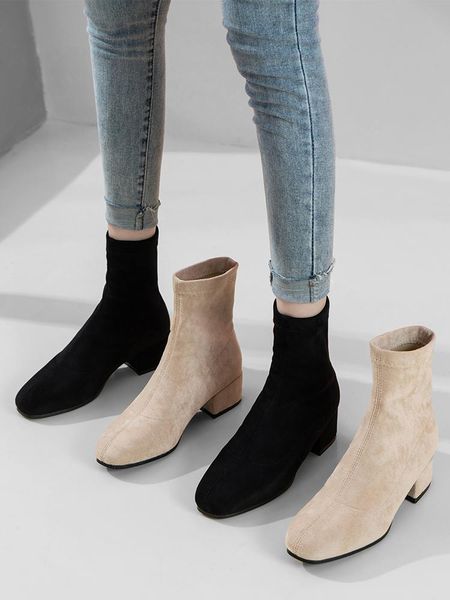 

boots 2021 fall winter thick heel stretch ankle kid suede slip-on square toe women shoes solid color classic short booties, Black