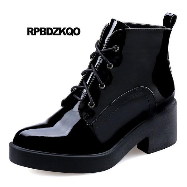 

brand booties chunky patent leather pointed toe women 2020 shoes genuine short high heel front lace up casual ankle boots autumn1, Black