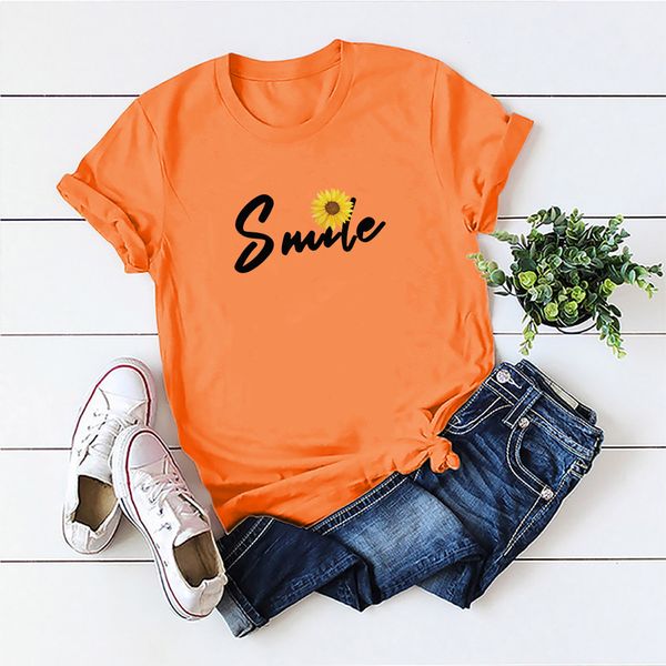 

lh20528 new smile sunflower pattern printed multicolor casual all-match round neck fashion short sleeve women, White