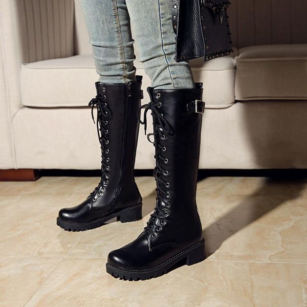

boots mkkhou knee-length women winter cross-lace thick-soled thick-heeled leather large size 34-43, Black