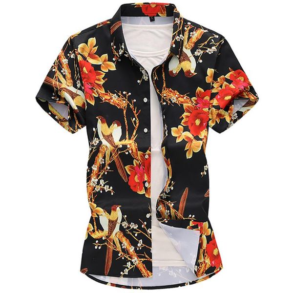 

men's casual shirts summer short sleeve floral print slim fit plus size 100% cotton shirt -7xl male flower, White;black