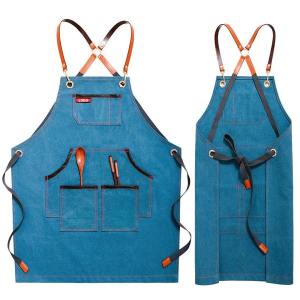 

2020 new canvas apron bib chef kitchen apron for women men barista bartender pockets home barber cook coffee restaurant
