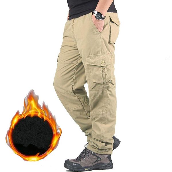 

men's winter thicken fleece cargo pants double layer straight pantswarm trousers men casual cotton tactical baggy pant, Black