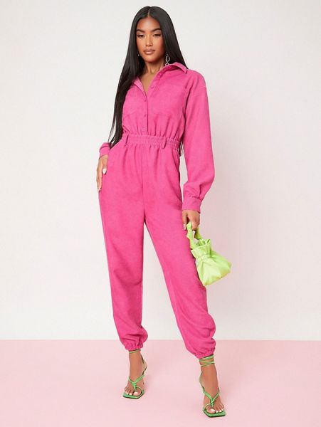 

solid collared button front jumpsuit j7kv#, White