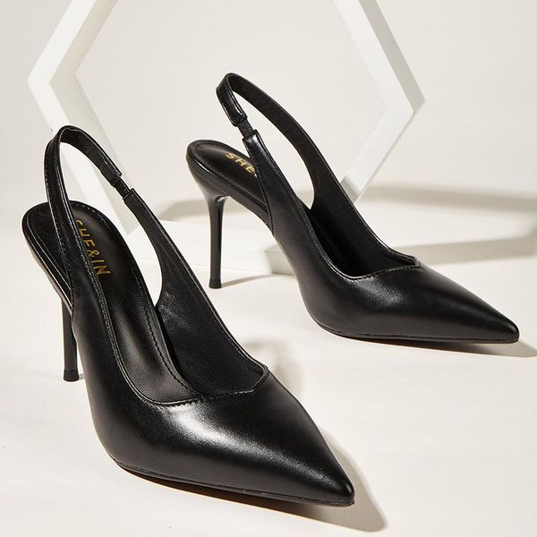 

european pointed toe elastic band woman pumps slip on solid summer slingback single shoes stiletto high heels shoes women 2020, Black