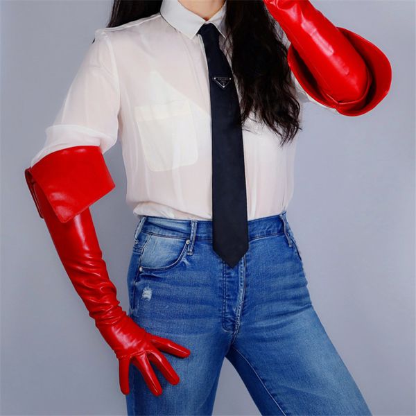 

long leather gloves 65cm eversion double layer big cut extra long red simulation leather touchscreen women gloves wpu173 201020, Blue;gray