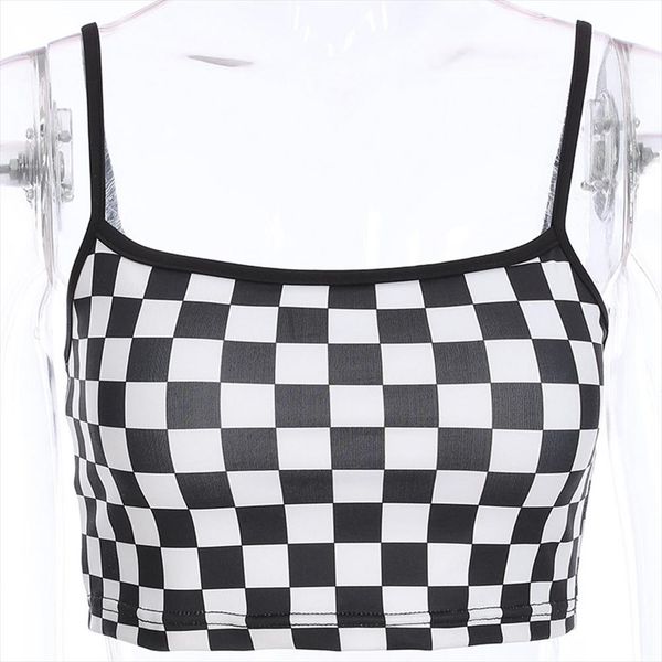 

checkered cropped 2020 summer streetwear sleeveless checkerboard tees shirt strappy plaid tshirt streetwear, White