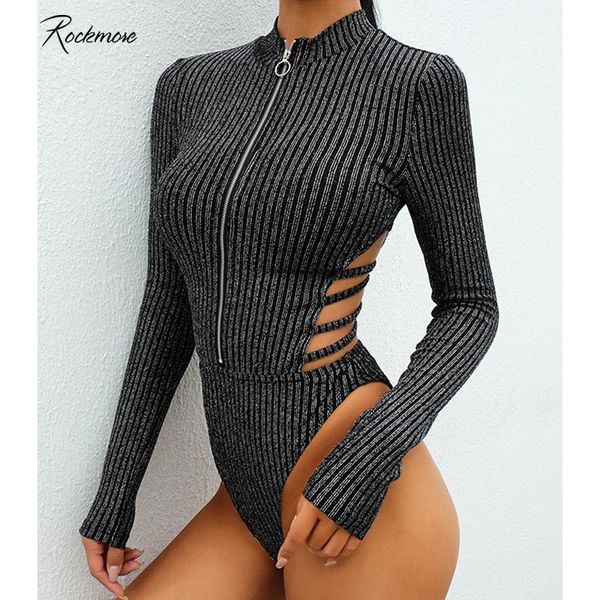 

rockmore hollow out long sleeve zipper bodysuits women gothic bodycon ribbed bodysuit femme fall playsuit autumn open crotch, Black;white
