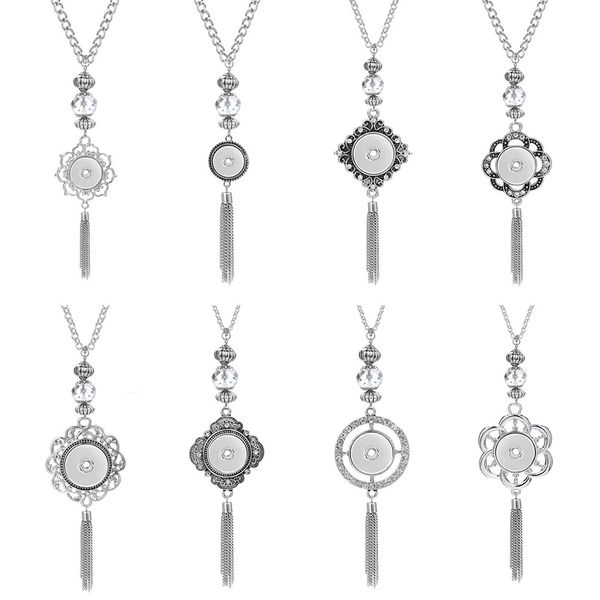 

bohemia ethnic snap button necklace long tassel snap pendant necklaces fit 18mm 20mm snaps buttons jewelry, Silver