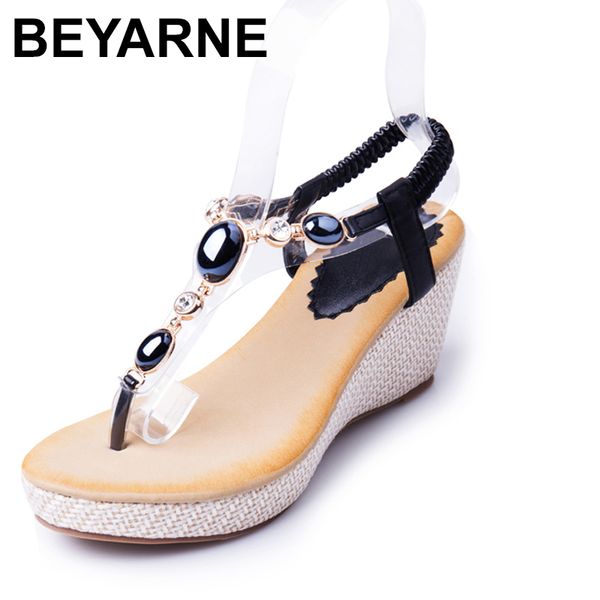

beyarne summer new sweet slope with female high-heeled sandals women bohemian diamond students shoes flip flops y200702, Black
