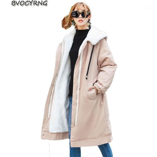 

new women winter trench coat thicken lambs wool warm outerwear female hooded loose big yards ladies long windbreaker k00921, Tan;black