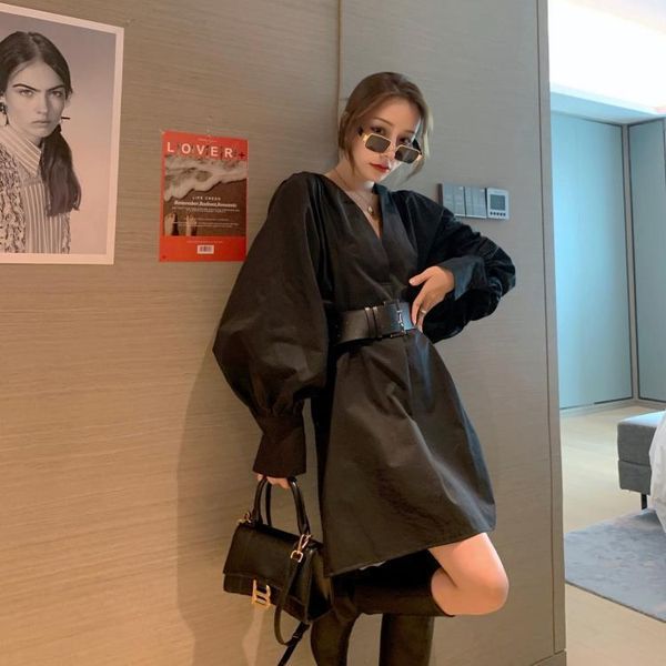

2021 new elegant women casual party female long sleeve v-neck belt korean clothing autumn mini office dress lady vcnr, Black;gray