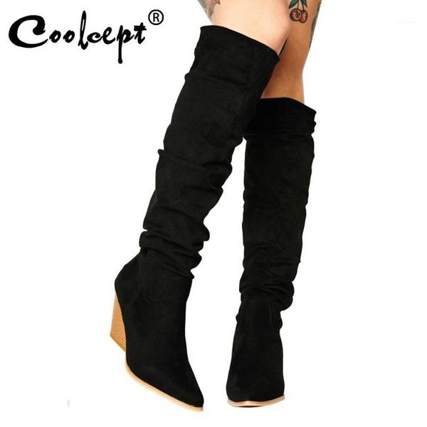 

coolcept new fashion women boots real leather pointed toe thick heel slip on shoes outdoor party shoes size 33-481, Black