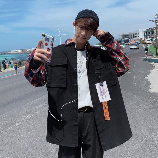 

men's casual shirts 2021 autumn loose temperament youth japanese korean version of the color work tooling beam couples shirt, White;black