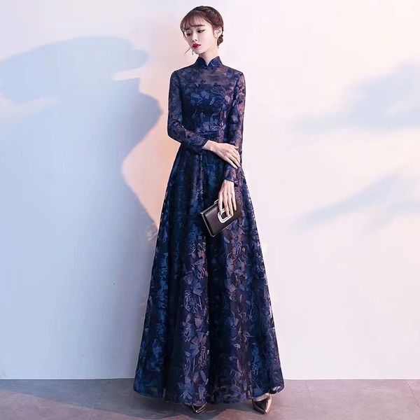 

2021 new robe soiree vintage collar alto a evening dress line long sleeves dressed party clothes ddwl, Black;red