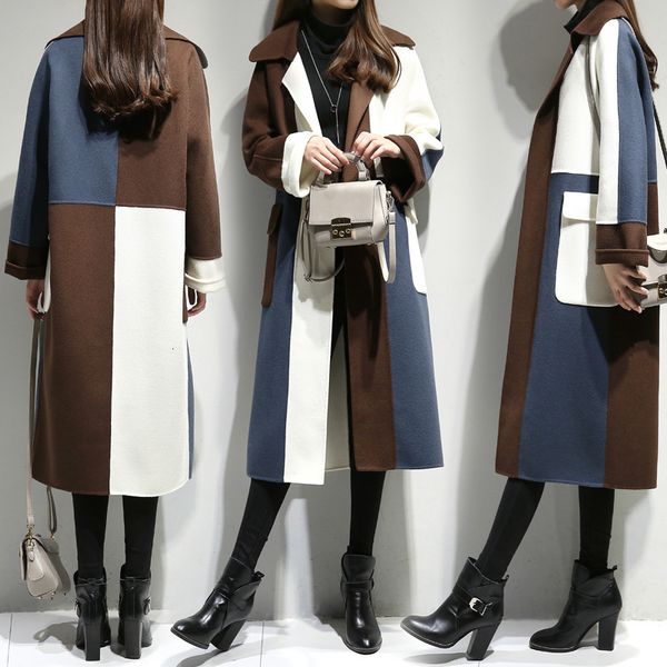 

new autumn and winter long loose large size stitching was thin over the knee women's woolen coat, Black