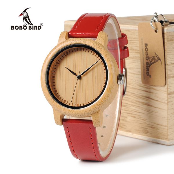 

bobo bird wj09 simple style bamboo women watch bamboo dial genuine red pu leather band quartz watches relojes mujer accept oem 201114, Slivery;brown