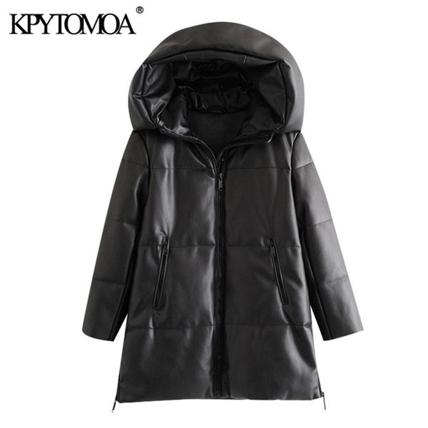 

kpytomoa women fashion thick warm winter faux leather parkas coat vintage hooded long sleeve female outerwear chic overcoat 201217, Black
