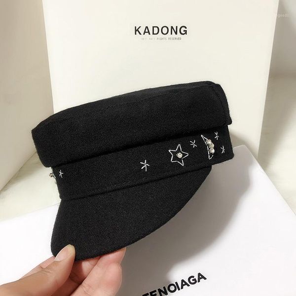 

designer fashion autumn women stars moon embroidery woolen cap black white peaked cap flat cool newsboy hats1, Blue;gray