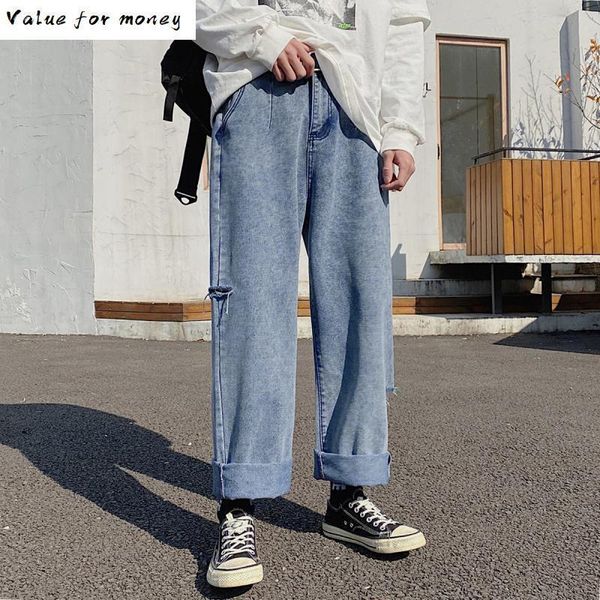 

fashion ripped straight mens jeans summer oversize 5xl man loose high street collage male denim pants kg-844, Blue