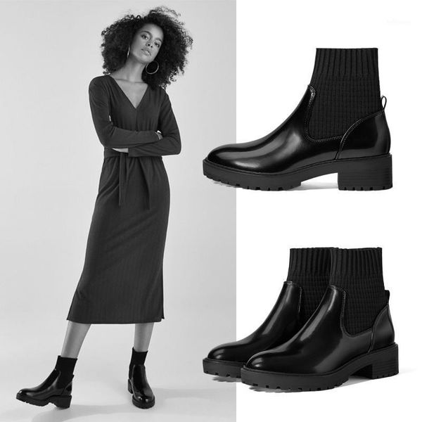 

patchwork sock boots knitting stretch boots chunky heels for women fashion shoes 2021 autumn ankle booties female1, Black